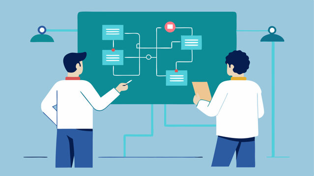 Control Algorithm Discussion Two engineers stand next to a whiteboard filled with flowcharts depicting control algorithms for autonomous driving engaging in deep discussion.
