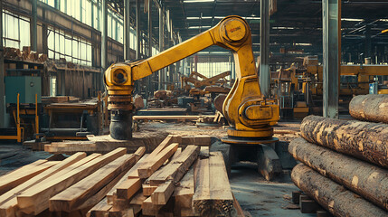 A mechanical arm in a high tech wood processing plant, surrounded by wood logs, cutting machines
