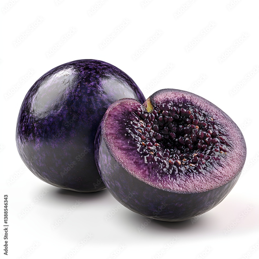 Poster a captivating image of a whole and halved jabuticaba fruit. its intense purple color and intricate s