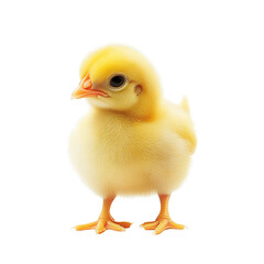 Fototapeta premium A cute, fluffy yellow chick standing upright, showcasing its vibrant feathers and curious expression.