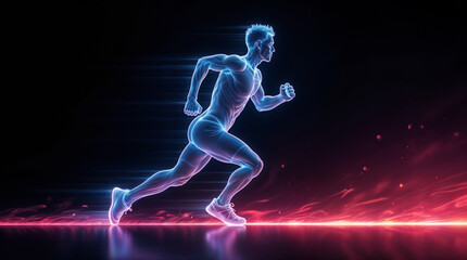 Naklejka premium transparent neon silhouette of a sportsman in sneakers runs very fast on a black background leaving a neon trail behind him