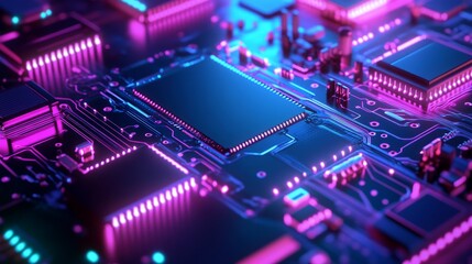 Abstract cyberpunk neon circuit board glowing in blue and purple, symbolizing futuristic technology and digital innovation.
