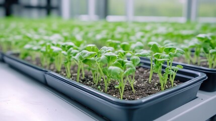 Young green seedlings growing in black trays inside a modern greenhouse, and close-up view of healthy plants in an agricultural setting.