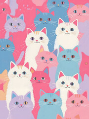 Obraz premium Adorable Colorful Cats in Pastel Shades on Pink Background – Whimsical Kawaii Style Illustration