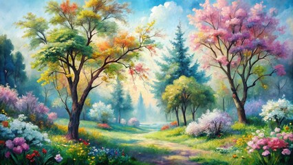 Fototapeta premium Vibrant Springtime Pathway Through a Colorful Blossoming Forest Scene Featuring Lush Greenery and a Serene Atmosphere