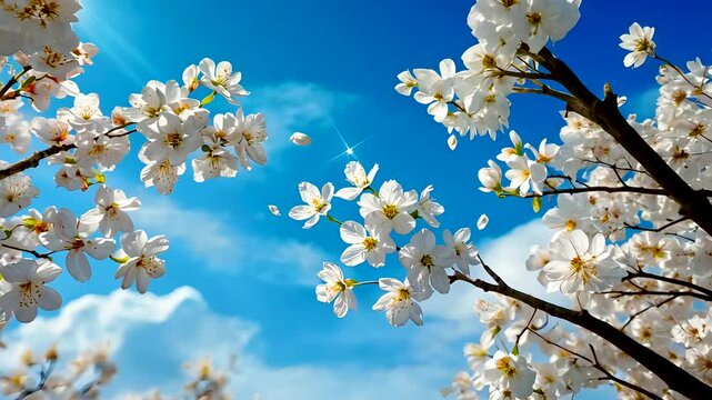 Blooming cherry blossoms on tree branches under blue spring sky, 4k loop