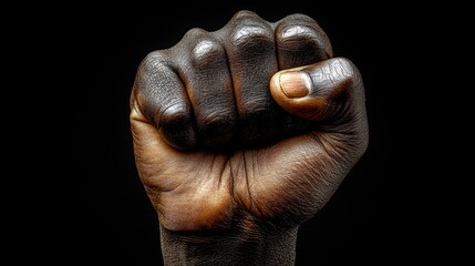 Obraz premium Raised fist. Determined hand clenched powerfully against darkness. Symbol of strength and resistance
