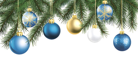 Christmas Illustration with Hanging Ornaments Fir Branches and Black Background