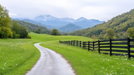 Serene country road winding through lush green meadows, with a dark wooden fence and distant mountains
