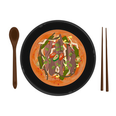 Vector Illustration Logo Clipart Top View Yukgaejang Korean Spicy Beef Soup on a Bowl 