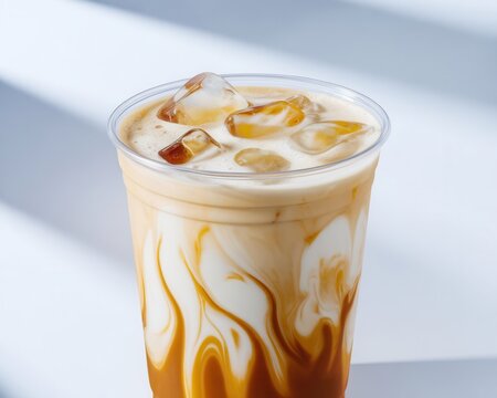 Iced latte with caramel swirl in clear plastic cup on white surface