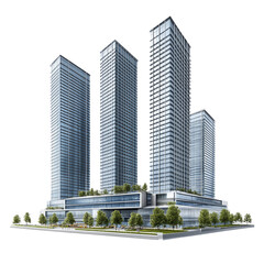 Fototapeta premium A modern architectural design featuring multiple skyscrapers with greenery at the base.