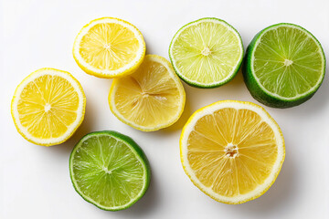 Obraz premium Slices of yellow and green citrus fruits on a light background showcasing freshness and vibrant colors