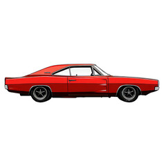 A side view illustration of a classic red muscle car.