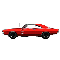 A side view of a classic red muscle car showcasing its sleek design and vintage appeal.