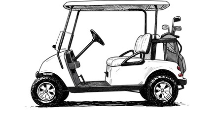 Illustration of golf cart on white with golf clubs in bag