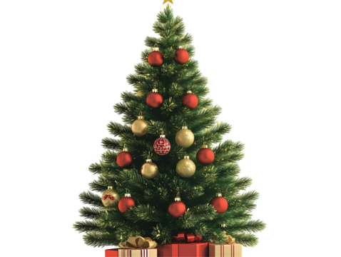 Festive 3D Illustration Christmas Tree Ornament And Gifts Isolated