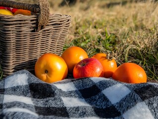 Autumn Picnic Basket with Apples and Oranges on Plaid Blanket