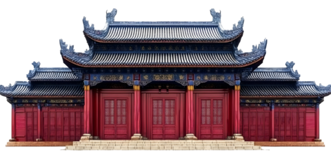 Detailed Photo of a Chinese Temple Architecture in Red and Blue Colors