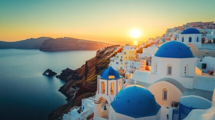 Coastal Townscape at Sunset with Blue Domed Buildings and Sea View