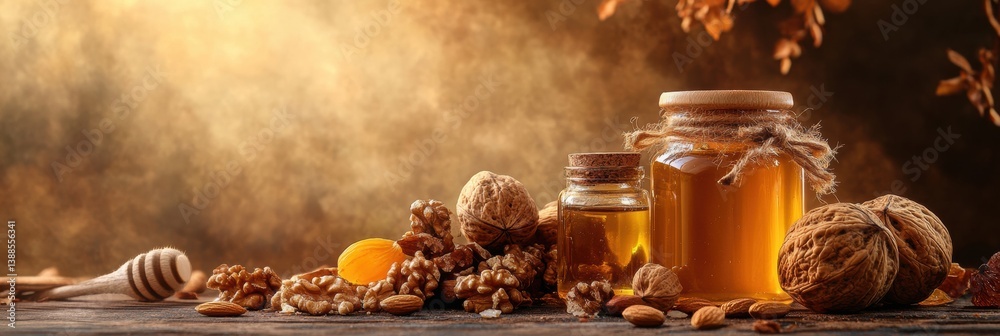 Aufkleber warm still-life of honey jars with fresh nuts and dried fruits under golden sunlight in a rustic set