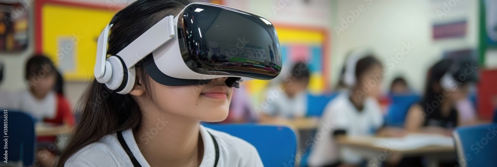 Fototapete student engaging in interactive virtual reality education within a futuristic digital classroom sett