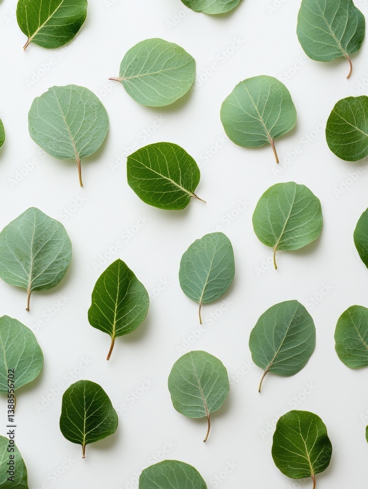 Aufkleber Structured flat-lay of eucalyptus leaves on a soft white surface showcasing fresh botanical minimalism