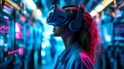 Obraz premium Woman Immersed in Virtual Reality: Neon Cyberpunk Aesthetic