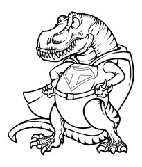 Dino Superhero: A courageous Tyrannosaurus Rex dons a cape and emblem, ready to save the day. This illustration captures a whimsical scene, mixing strength and playful charm.