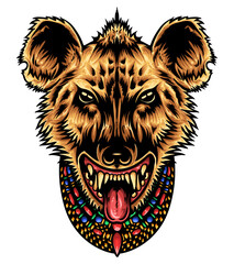 Hyena's Artful Intensity: The image portrays a vividly illustrated hyena head, displaying bold lines and a splash of color, capturing an essence of primal power.