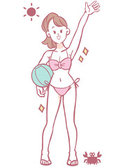 ボールを持つ水着の女性のイラスト