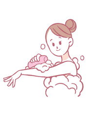 お風呂で体を洗う女性