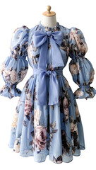 Obraz premium A stylish blue floral dress with puffed sleeves and a bow, displayed on a mannequin.