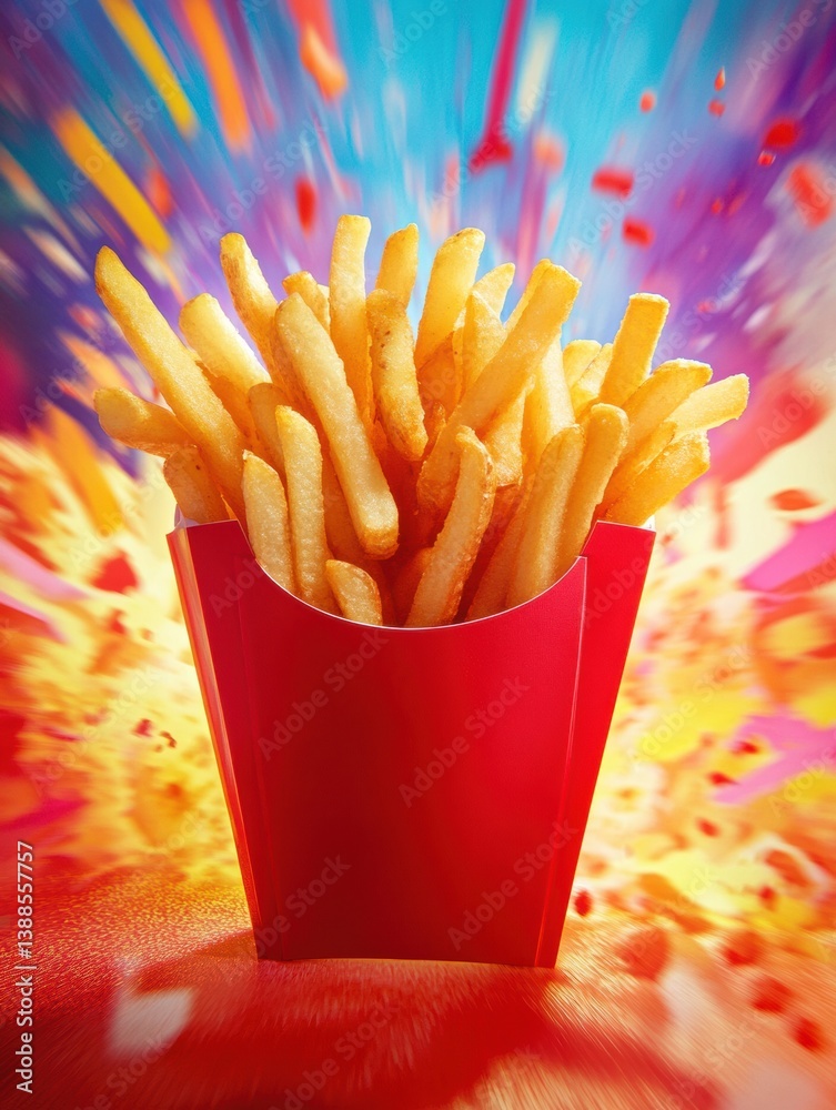 Poster crispy golden french fries in a vibrant fast food container create an explosion of color