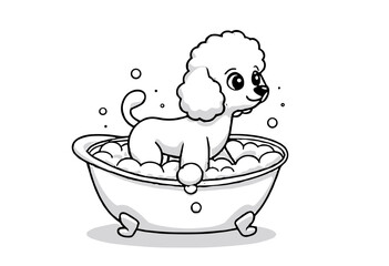 Cute poodle enjoying a bath with bubbles in a tub  