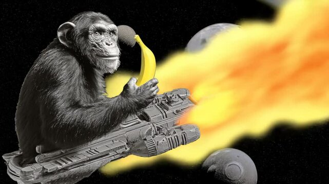 Space Monkey Rides Rocket Ship Surrounded by Planets and Stars Generative AI