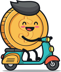 Naklejka premium Happy cartoon coin character riding a colorful scooter in a playful and minimal vector illustration