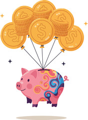 Colorful piggy bank floating with golden coins balloons in a cheerful flat vector illustration