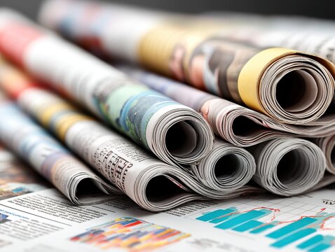 A pile of financial newspapers and magazines amidst scattered charts and graphs - planning risk newspaper loss market
