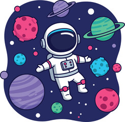 Naklejka premium Astronaut floating in space surrounded by colorful planets and celestial bodies in playful flat vector art