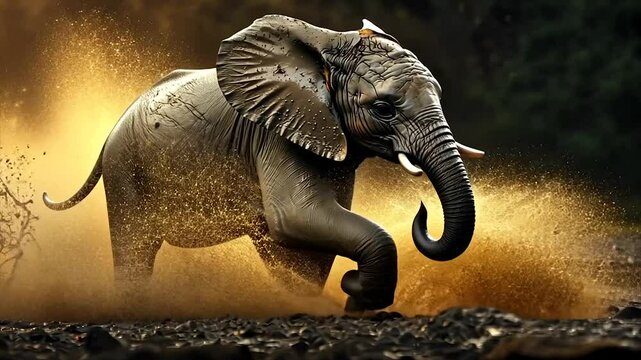 Young elephant playfully charges, kicking up dust in golden light