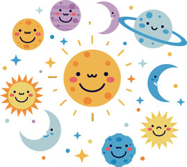 Cheerful celestial bodies including sun, moon, and planets in a playful flat vector art