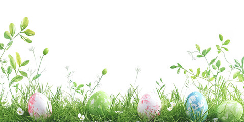 Colorful Eggs in Grass with Flowers . PNG Cutout and Copy Space