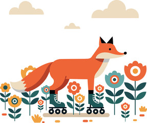 Obraz premium A fox rollerblading through colorful flowers in a playful flat vector illustration