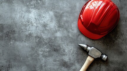 Gray concrete background presents a top view of red helmet and hammer, with copy space for the International Workers' Day concept in advertising and posters.