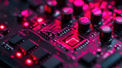 Close-up electronic circuit board glowing red