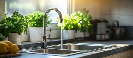 Kitchen sink water running, herbs, sunlight