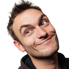 Fototapeta premium A Man with a Mischievous Smile Eyes Squinted Slightly Isolated on Transparent Background