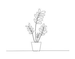 Potted house plant outline drawing illustration. one continuous line drawing of plant in the pot for house decoration.