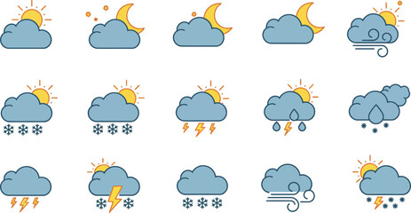 Obraz premium Weather icons depicting various conditions in flat minimal vector illustration style
